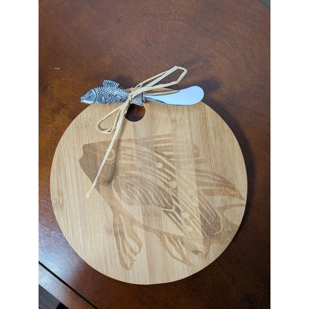 NEW Bamboo Fish Engraved Round Cheese Board & Metal Knife Set Nautical Cottage